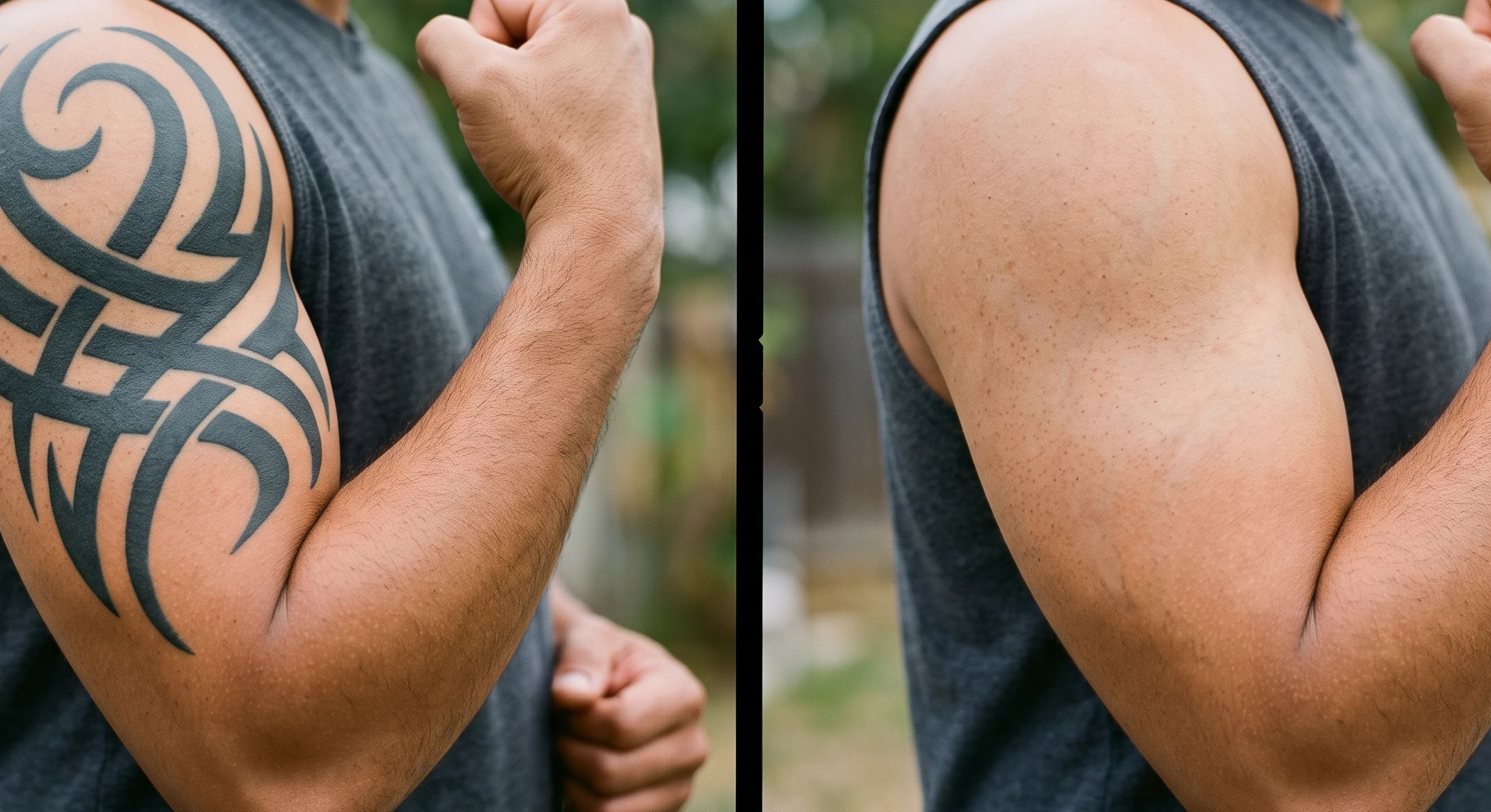 Before and after a full course of laser tattoo removal — only a faint pale ghost remains