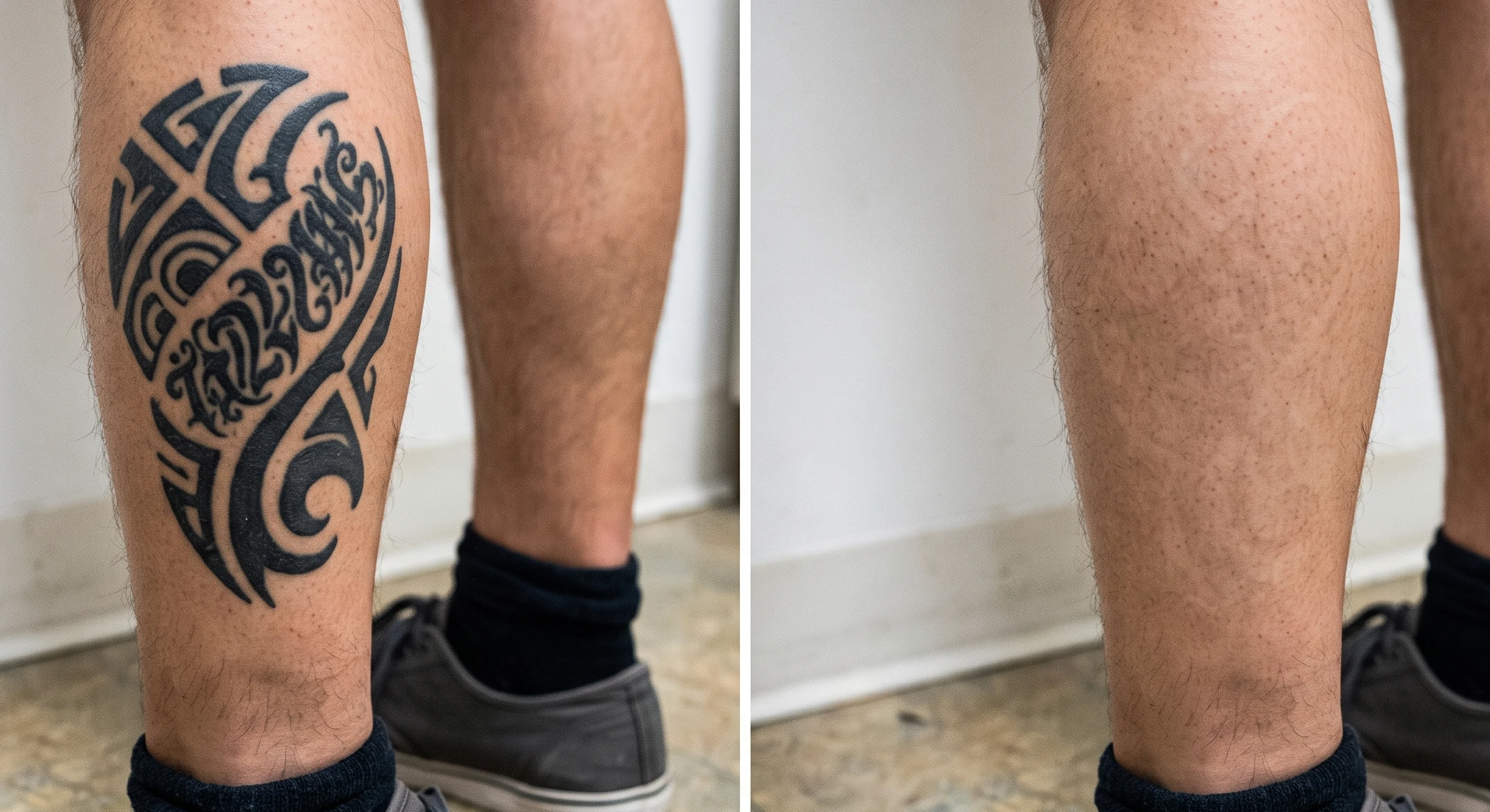 Before and after a full course of laser tattoo removal — only a faint pale ghost remains