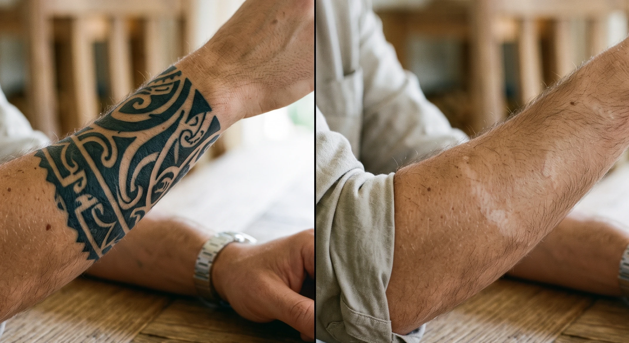 Before and after a full course of laser tattoo removal — only a faint pale ghost remains
