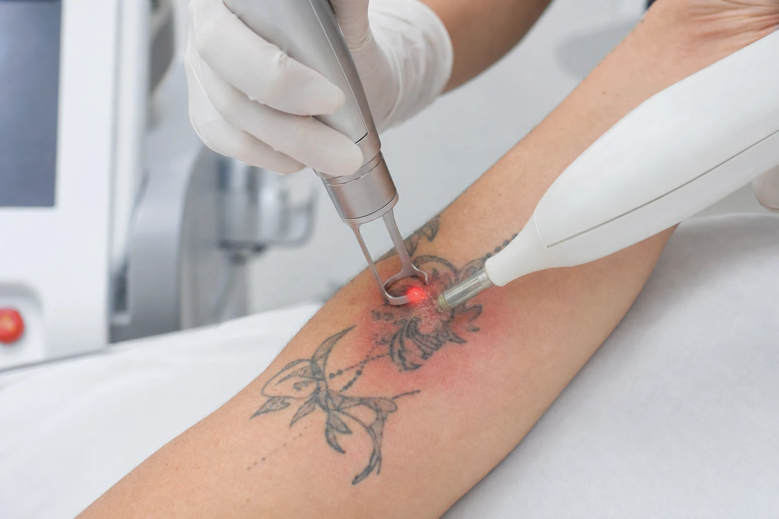 A laser tattoo removal session in progress