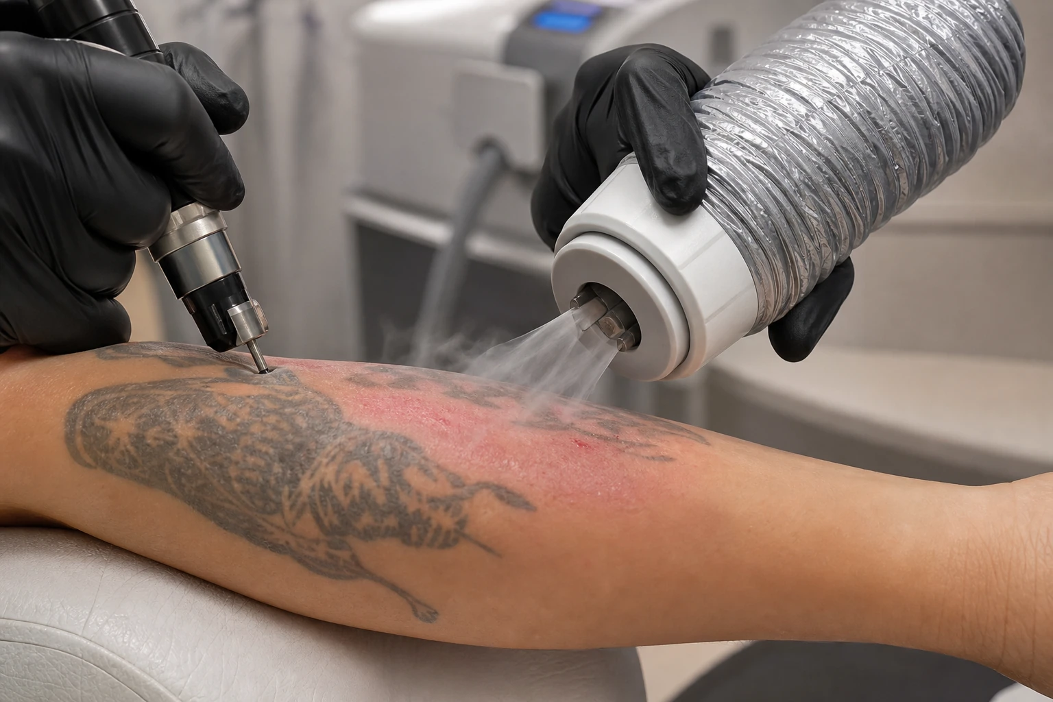 Scabbing and flaking as the treated skin heals