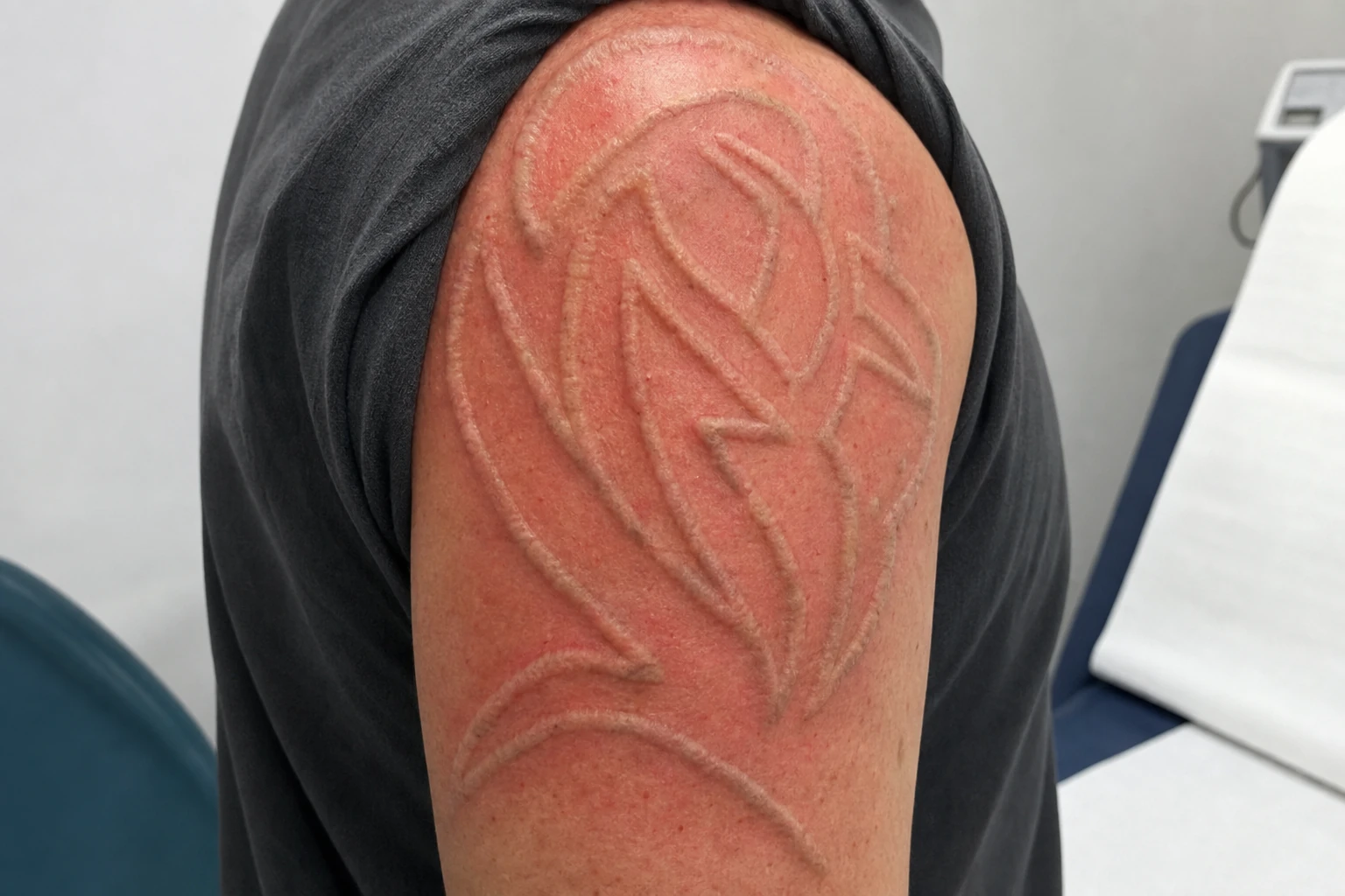 A dense, dark tattoo — density and depth set the removal pace