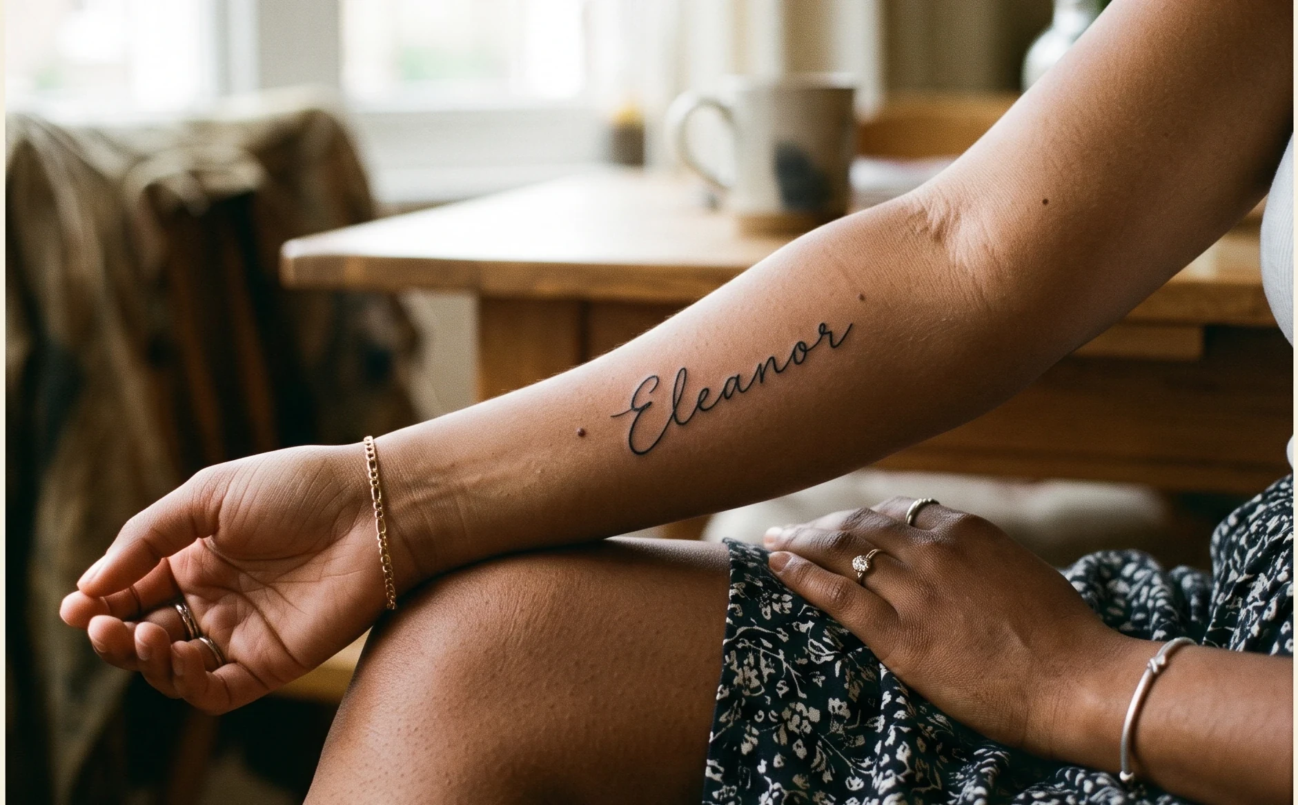 A fine-line name/script tattoo