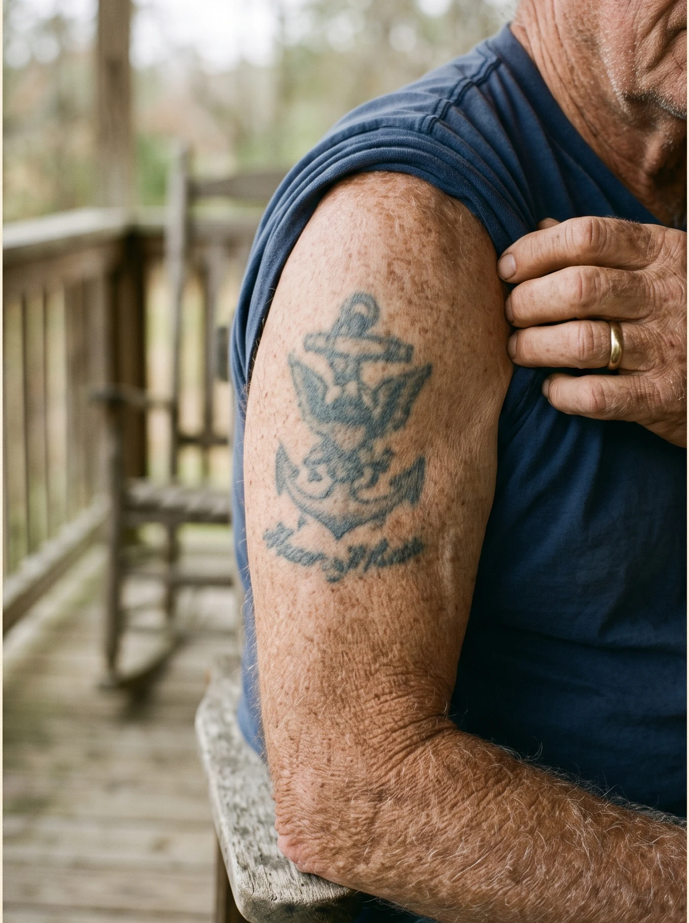 A decades-old, faded tattoo